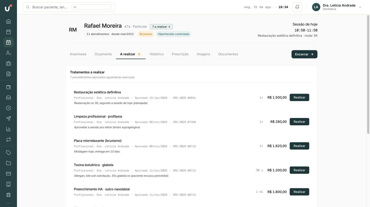 Tela de atendimento, com os procedimentos aprovados e o valor de cada um.